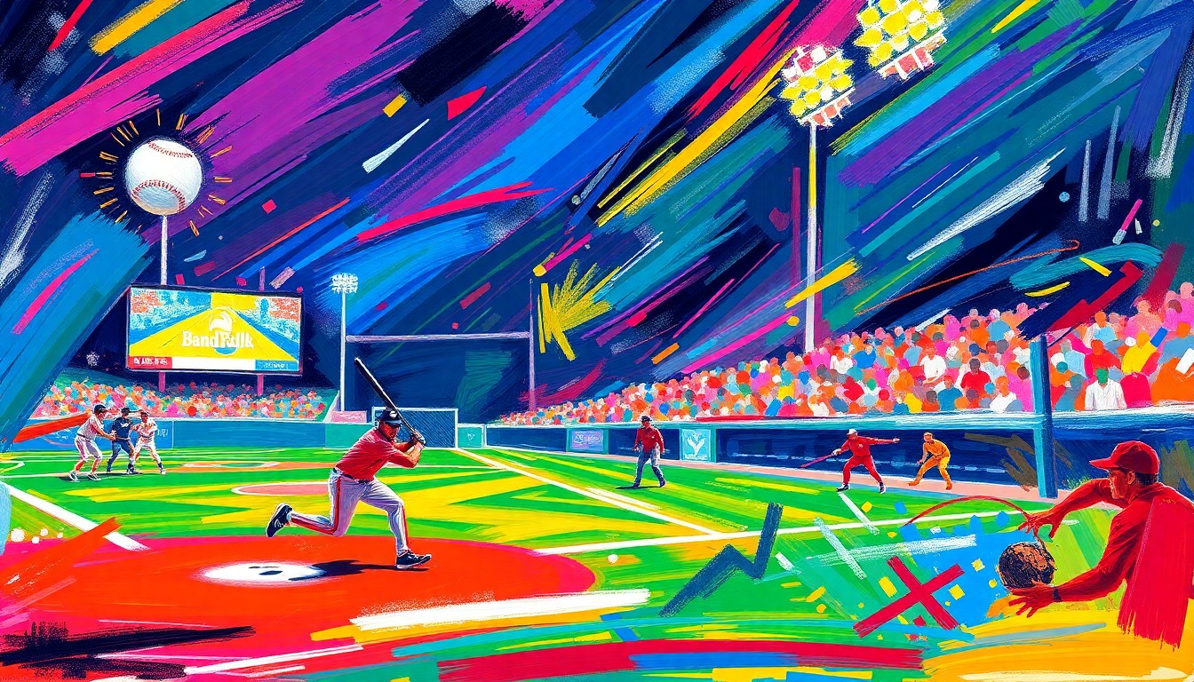 An abstract painting featuring bold, sweeping brushstrokes in neon shades of blue, orange, and green, conveying the dynamic energy and competitive spirit of a minor league baseball game.