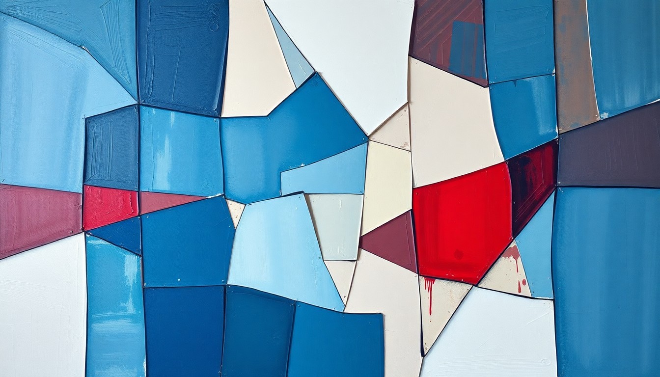 An avant-garde painting featuring overlapping, geometric shapes and lines in shades of blue, red, and white, conceptually representing the political debate over immigration policies and access to higher education.