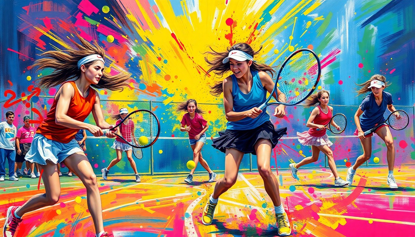An abstract, expressionist painting in bright neon colors, with rapid brushstrokes capturing the dynamic motion and energy of a high school girls tennis match.