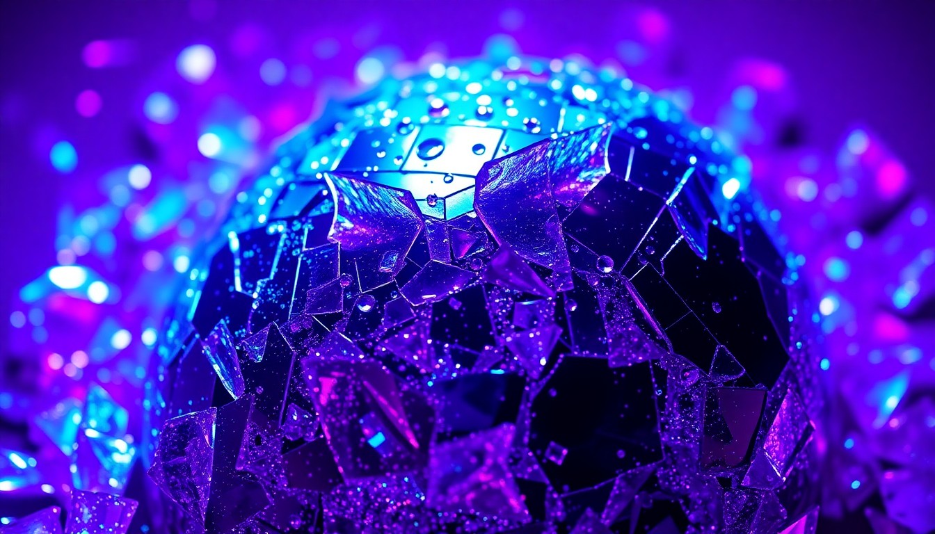 An extreme close-up photograph of shattered, glittering disco glass in vibrant shades of purple and blue, capturing the glamour and high-energy of the entertainment industry.