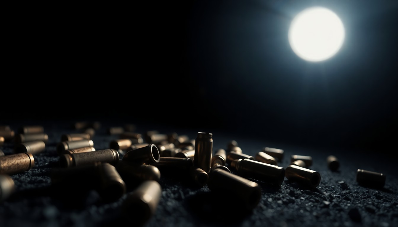An extreme close-up photograph of several spent bullet casings on the ground, lit by a harsh, direct camera flash against a pitch-black background, creating a stark, gritty, investigative aesthetic.
