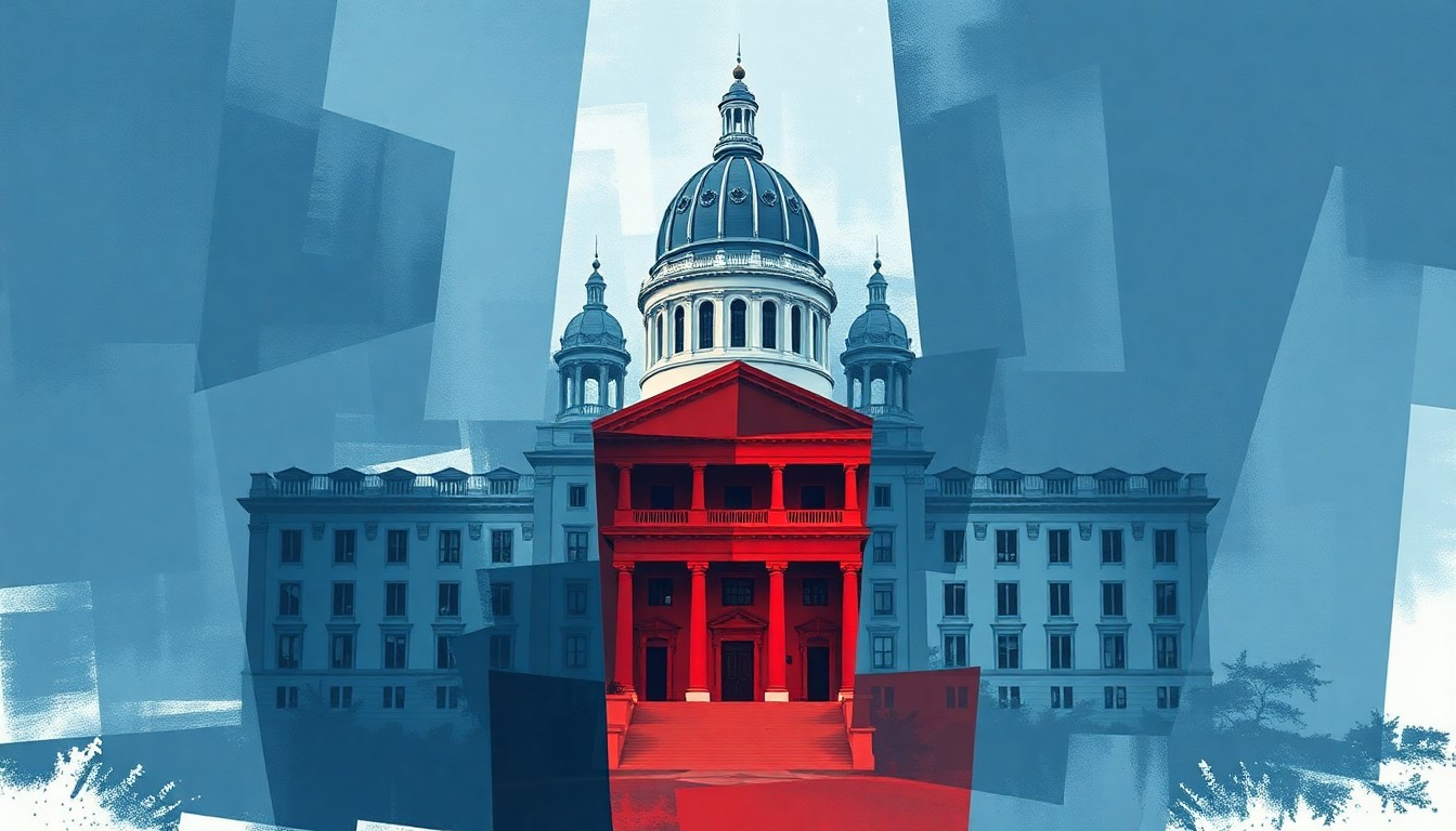A dynamic, abstract painting featuring the Missouri state capitol building repeated in overlapping, fractured geometric shapes in shades of blue, gray, and red, conveying the heated political debate over the state's tax reform proposal.