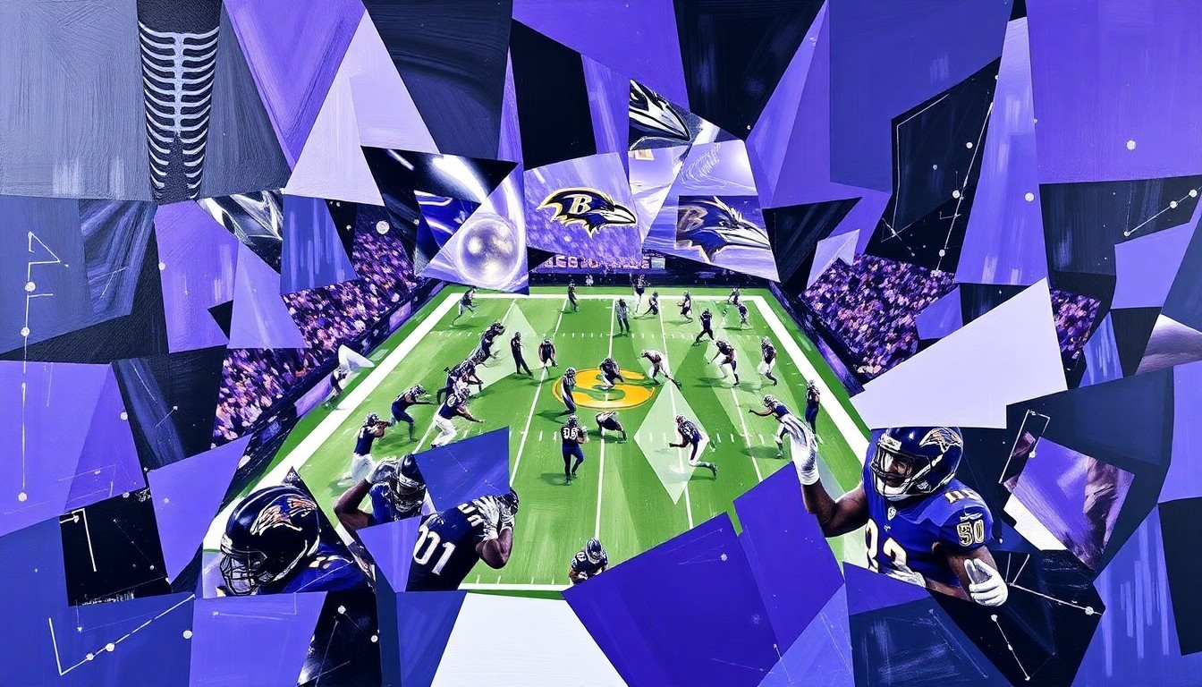 A cubist, geometric painting depicting a fragmented football game, with sharp planes of purple and black representing the Baltimore Ravens' team colors.