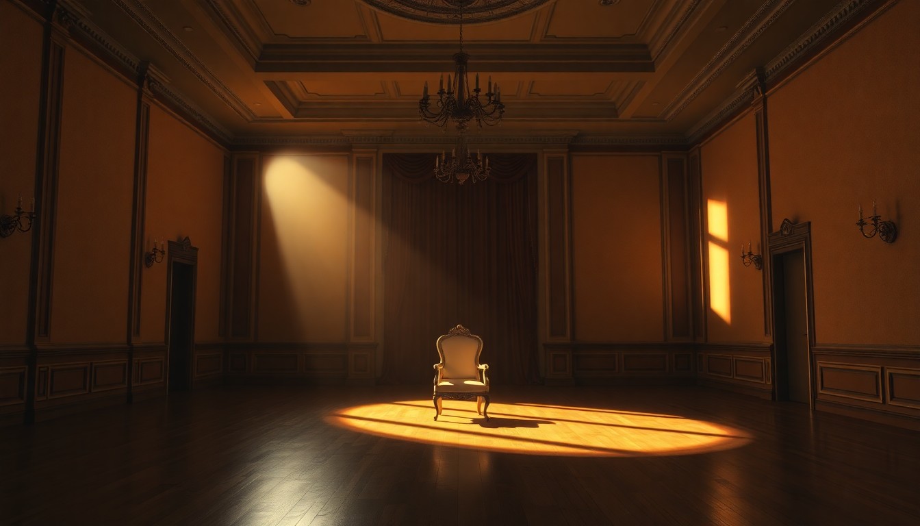 A dimly lit, cinematic interior scene of an empty, ornate ballroom with a single chair in the center, conveying a sense of solitude and unease.