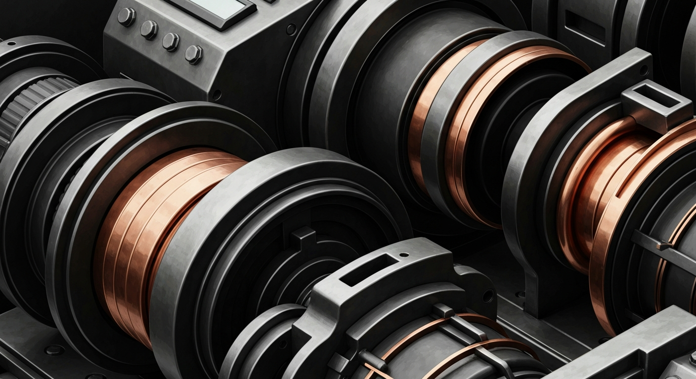 An extreme close-up of heavy, industrial banking machinery and equipment in muted tones of steel grey, copper, and black, conceptually representing the financial security and institutional power of the banking sector.