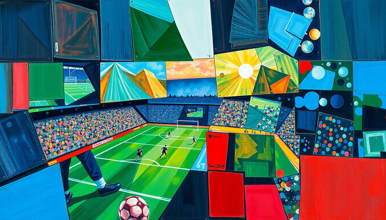 A fragmented, geometric painting depicting the dynamic movements and energy of a football game, with sharp planes of color representing the players and action on the field.