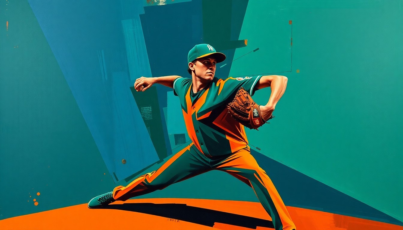 A cubist-style painting depicting a baseball pitcher's delivery broken down into fragmented, overlapping geometric shapes in shades of navy, green, and orange, conveying the dynamic motion and power of the pitcher's movements.