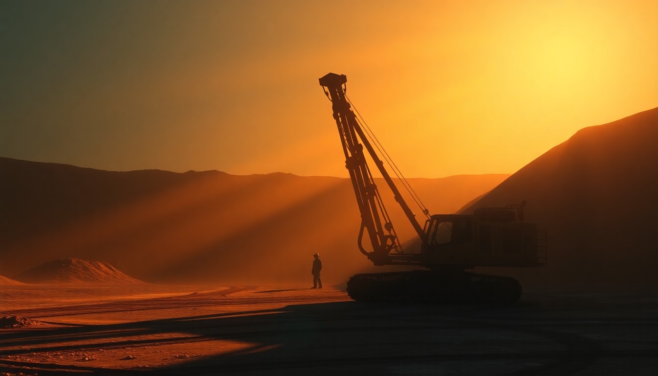 A serene, photorealistic painting of a lone mining machine sitting in a sunlit clearing, casting long shadows and evoking a sense of unease about the encroachment of industrial activity into a pristine natural landscape.