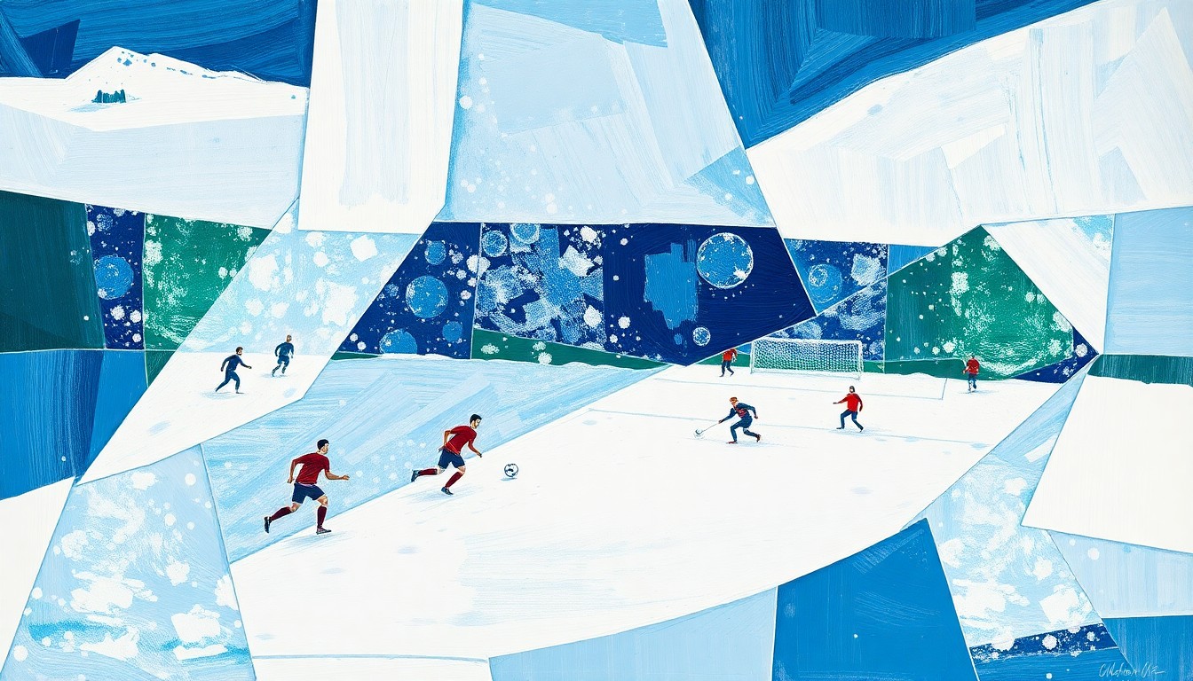 A fragmented, abstract painting depicting a snowy soccer match, with sharp geometric shapes and planes of blue, white, and green representing the players, field, and weather conditions.