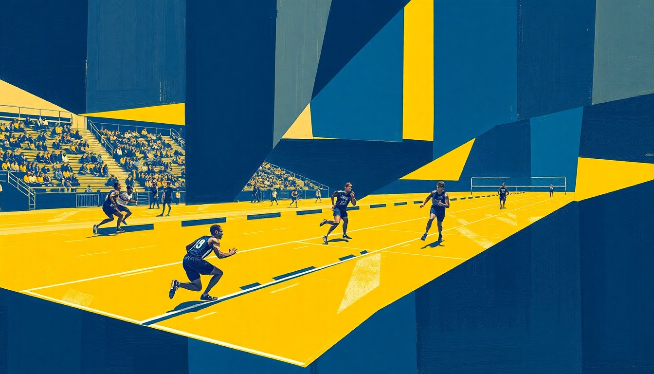 A cubist, geometric painting depicting a high school track and field competition, with the athletes and field events broken down into sharp, overlapping planes of navy blue and gold.