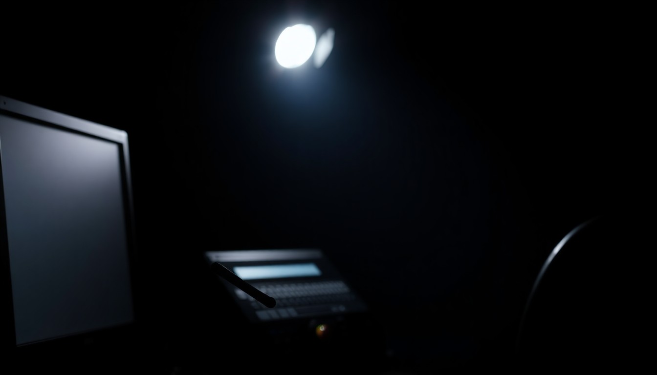 An extreme close-up photograph of an emergency call center headset and control panel, dramatically lit by a harsh camera flash against a dark background, conveying the intensity and urgency of the dispatcher's work.