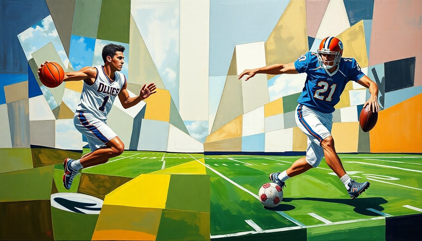 A cubist, geometric painting depicting the fragmented movements of a basketball player dribbling and a football player kicking, representing the multifaceted nature of Notre Dame's athletic program.