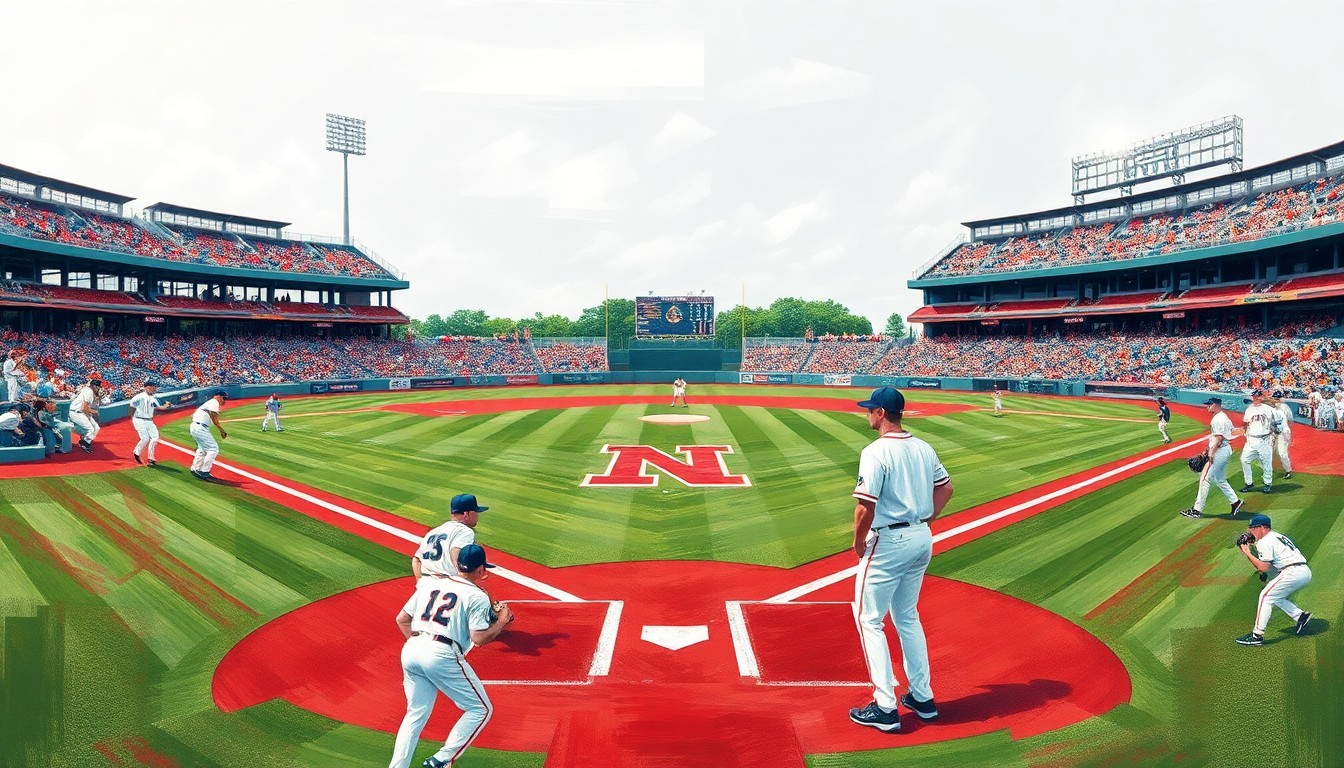 A fractured, geometric painting depicting the dynamic action of a college baseball game, with sharp planes of green, white, and red representing the field, players, and dirt.