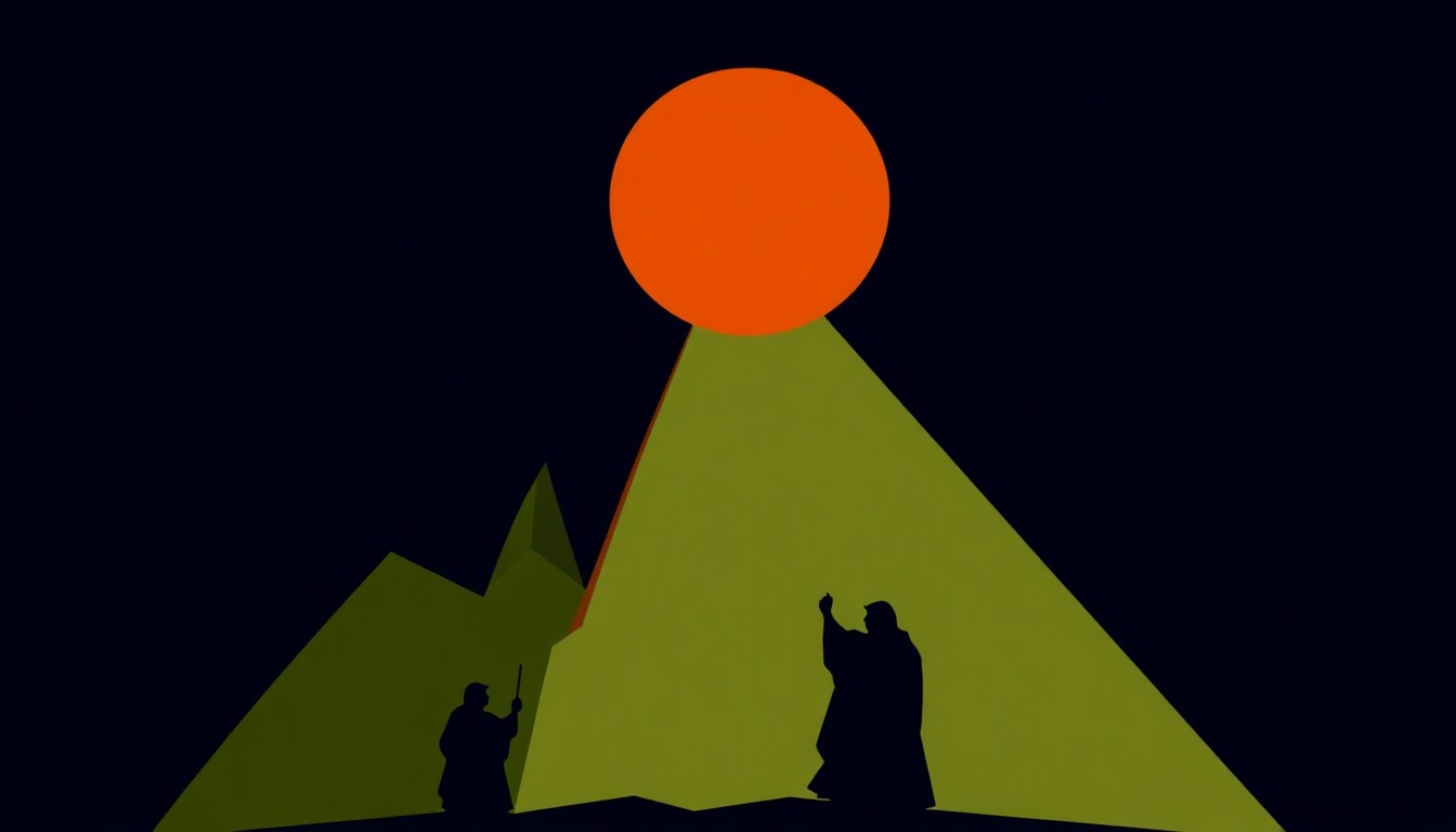 An abstract, minimalist composition of jagged, overlapping geometric shapes in shades of blue, green, and orange, conceptually representing the dramatic biblical story and choral performance of Mendelssohn's Elijah.
