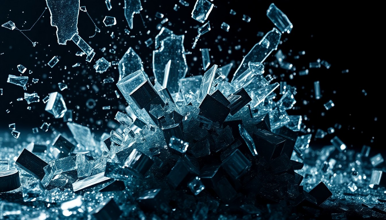 An abstract close-up image of shattered glass and twisted metal in high-contrast studio lighting, conveying a sense of the downfall and fragmentation of a once-powerful corporate entity.