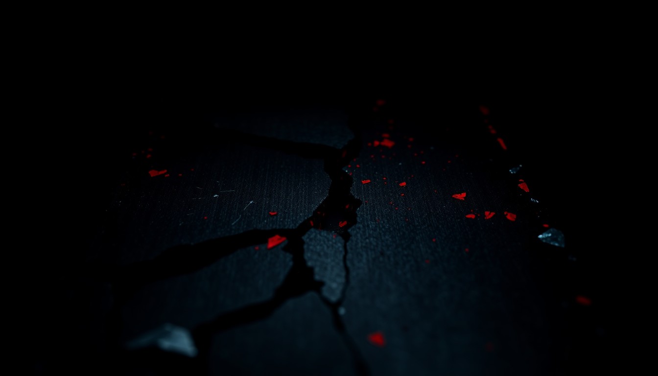An extreme close-up of a heavily textured, shattered book cover in dramatic black, grey, and red tones, conveying the investigative and high-stakes nature of the story's themes.