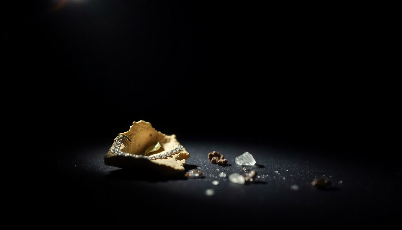 An extreme close-up photograph of a broken piece of jewelry reflecting a harsh, direct camera flash, conceptually illustrating the grim details of a violent crime.