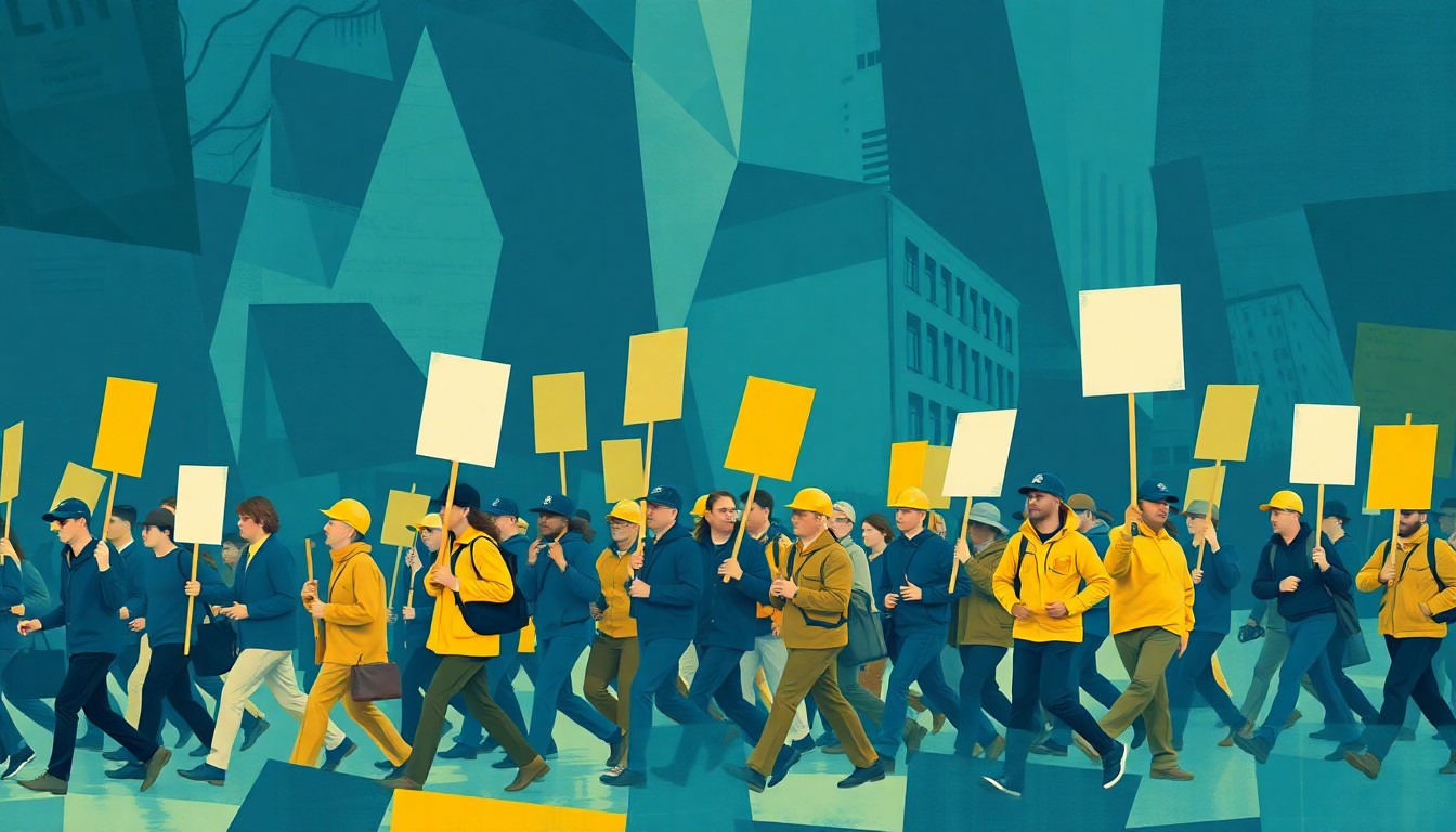 A dynamic, fragmented painting depicting a group of workers marching with picket signs, conveying the energy and urgency of their fight for fair wages and recognition.