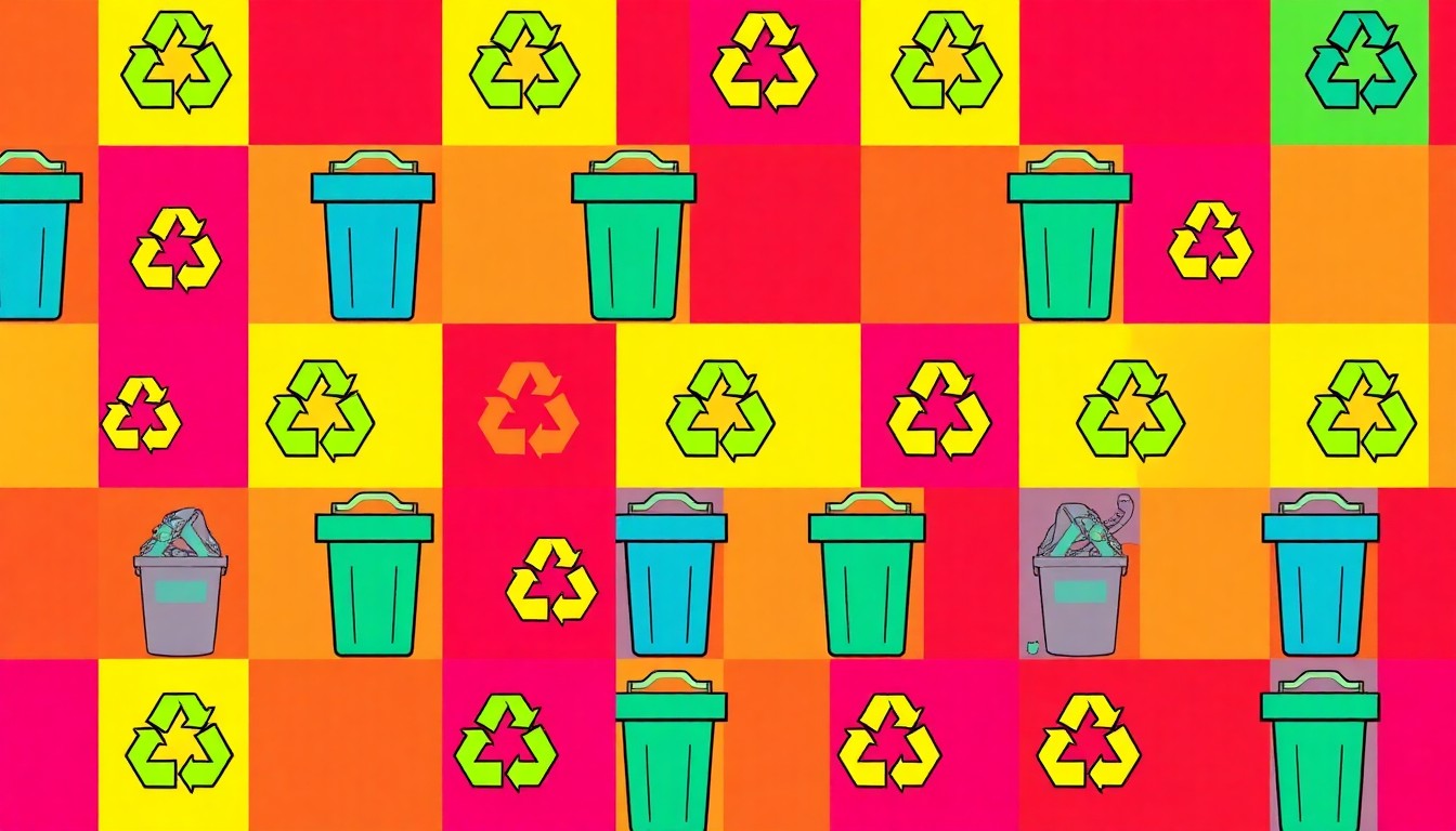 A brightly colored, high-contrast silkscreen print of a recycling bin icon repeated in a tight grid pattern, utilizing flat, vibrant neon color palettes and heavy black outlines to transform an everyday object into a modern pop art conceptual illustration.