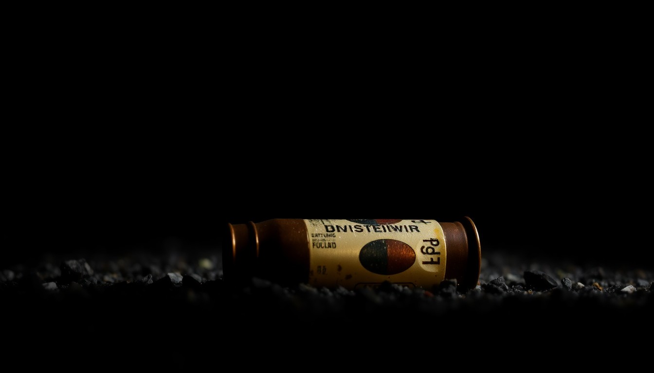 An extreme close-up photograph of a spent shell casing on the ground, lit by a harsh, direct camera flash against a pitch-black background, conveying a sense of the gritty, investigative nature of this crime scene.