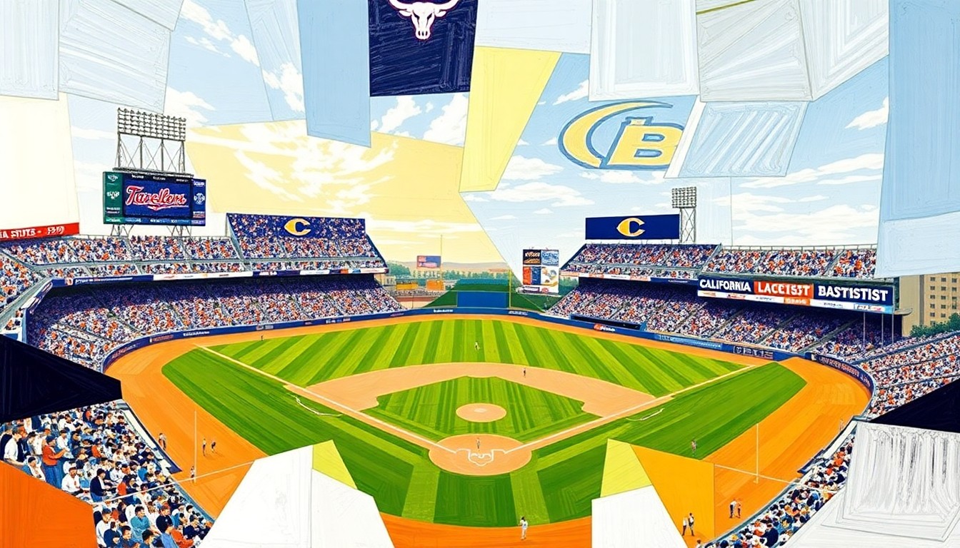 A fractured, geometric painting in shades of purple, white, blue, and gold, depicting the action and movement of a baseball game in an abstract, cubist style.