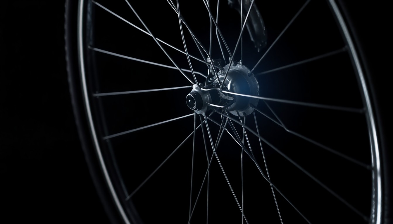 An extreme close-up of a twisted, scuffed bicycle wheel rim against a pitch-black background, conveying the violence of a fatal collision without depicting any graphic imagery.