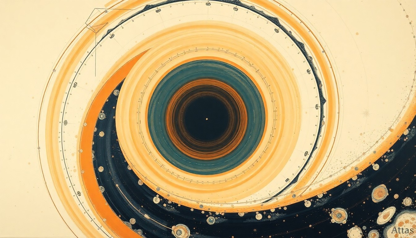 A highly structured abstract painting in muted earth tones, featuring sweeping geometric arcs, concentric circles, and precise botanical spirals, conceptually representing the complex chemical forces and composition of the interstellar comet 3I/ATLAS.