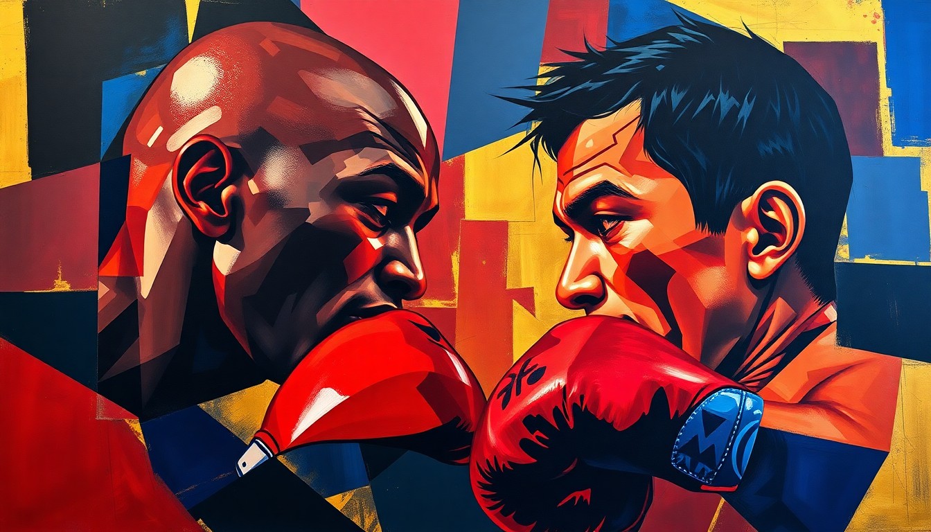 A cubist, geometric painting depicting a boxing match between two figures, their forms fragmented and abstracted into sharp, overlapping planes of navy, red, and gold.