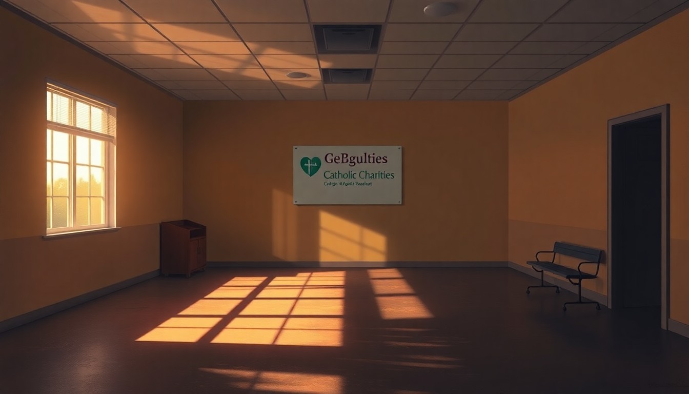 A dimly lit, cinematic interior space with muted colors and long shadows, evoking a sense of uncertainty and melancholy in the wake of a significant contract loss.