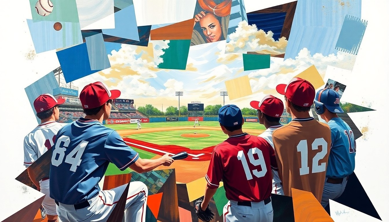 A fragmented, geometric painting depicting the dynamic movements and energy of a high school baseball game, with sharp planes of color representing the players, field, and equipment.