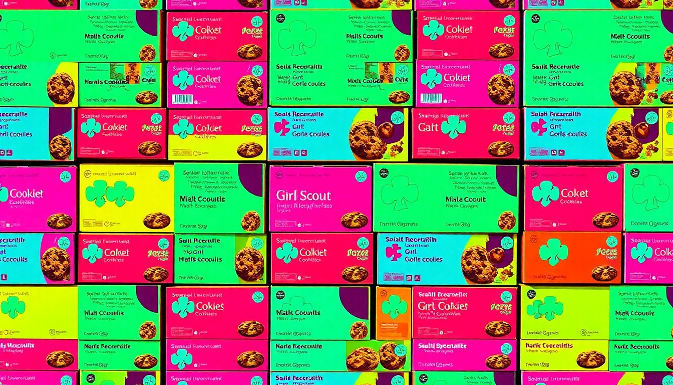 A vibrant, high-contrast silkscreen print featuring a grid of colorful Girl Scout cookie boxes in various flavors, capturing the iconic brand in a modern pop art style.