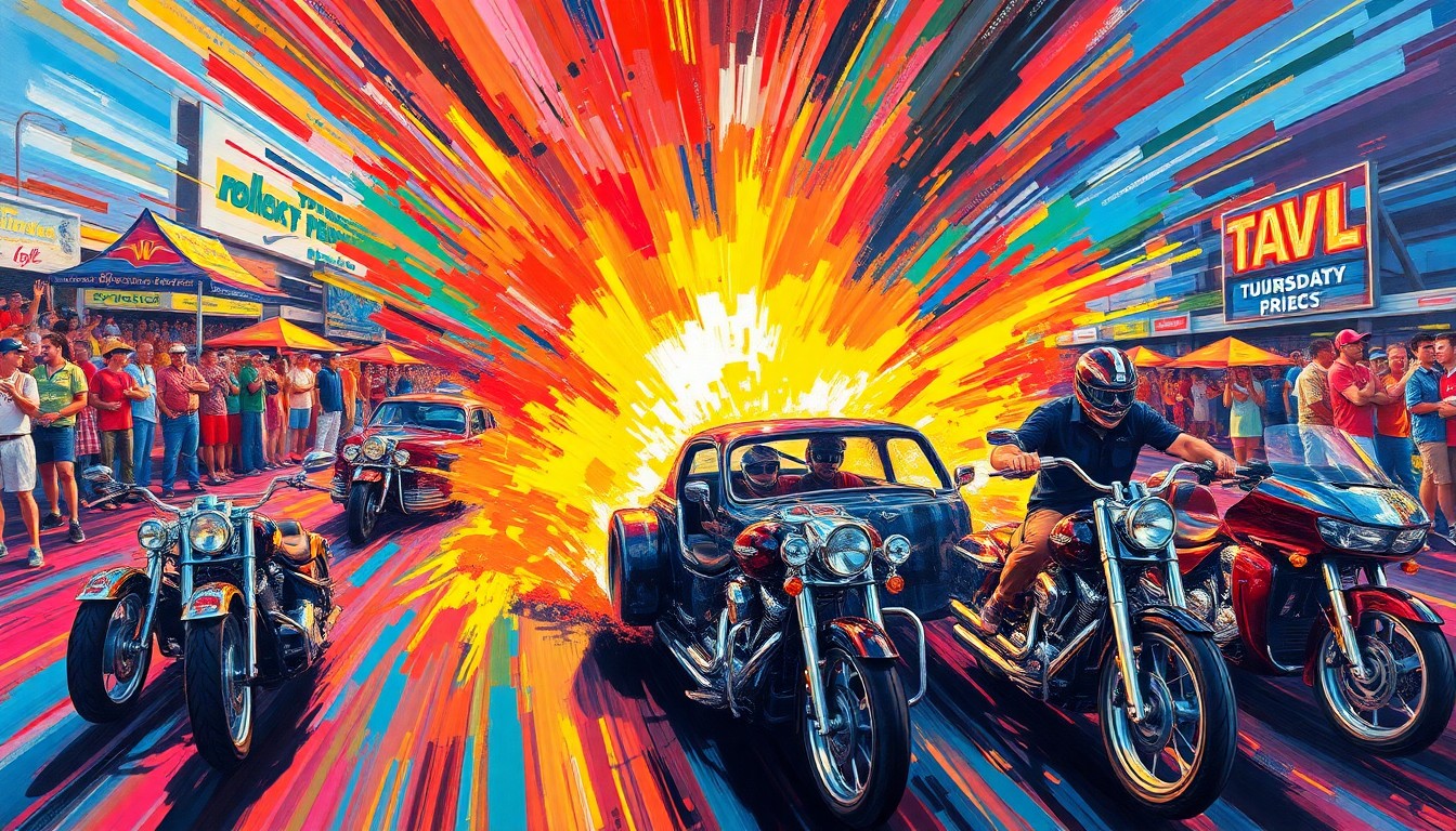An abstract, expressionist painting in vibrant neon colors, depicting the dynamic movement and energy of racing cars, motorcycles, and crowds at a motorsports festival event.