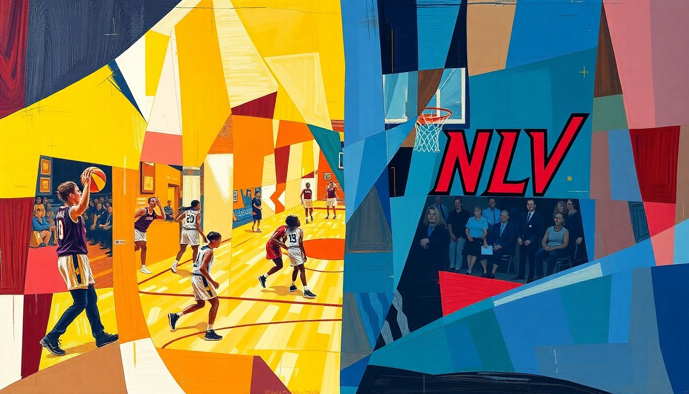 A cubist-style painting depicting fragmented, overlapping geometric shapes in the colors of Quinnipiac and UNLV uniforms, representing the dynamic energy and strategy of women's basketball.