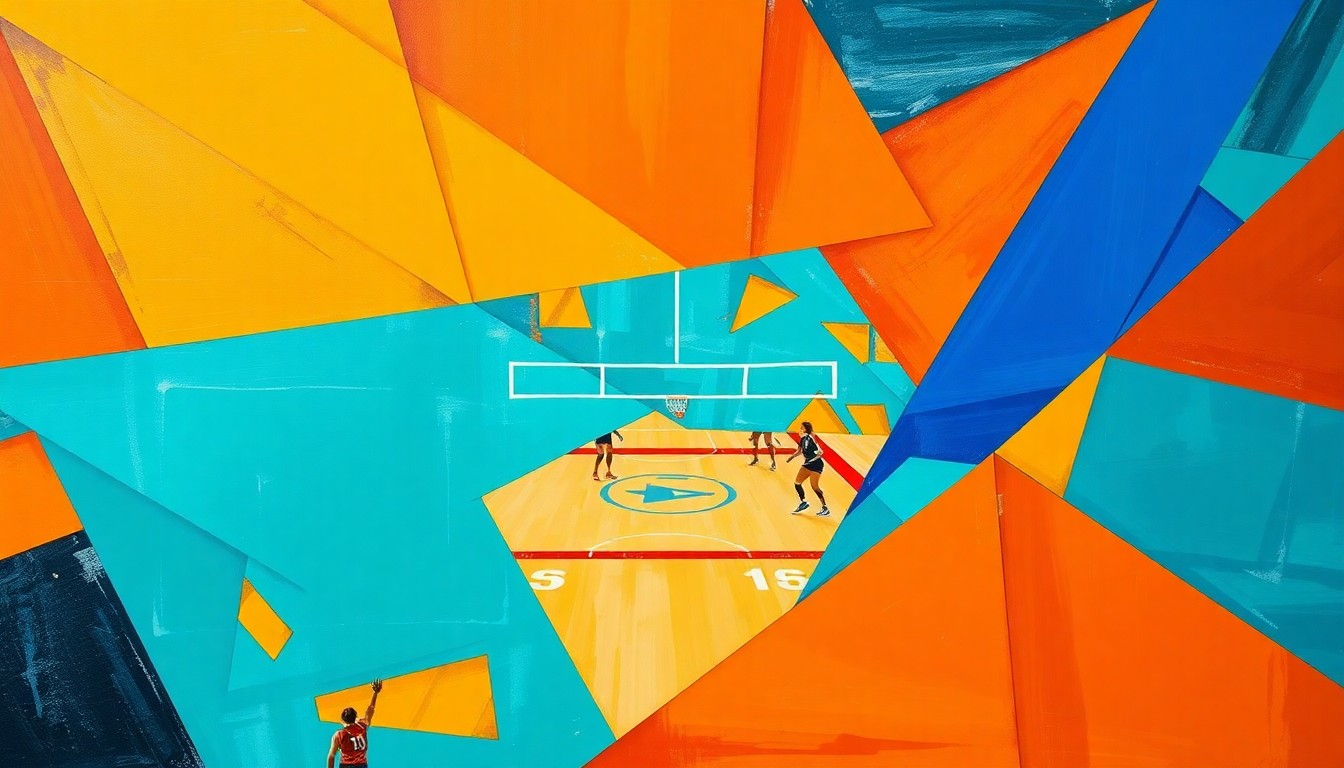 A cubist, geometric painting depicting a volleyball match, with sharp planes of bright orange, teal, and royal blue overlapping to capture the dynamic action of the game.