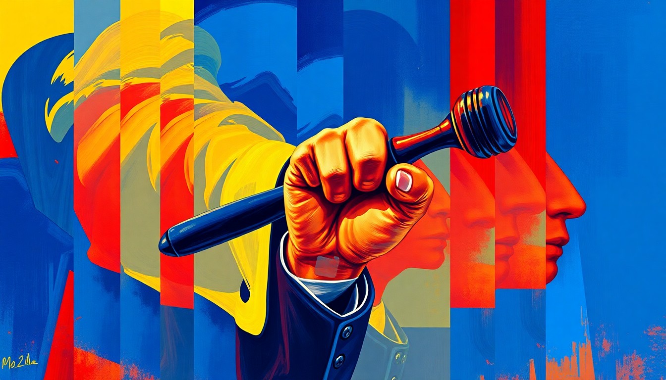 A dynamic, abstract painting featuring overlapping, fractured geometric shapes in shades of blue, red, and yellow, conceptually representing the energy and momentum of a political victory.