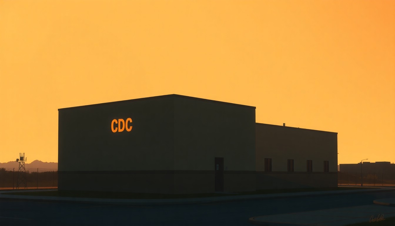A dimly lit, cinematic painting of the CDC headquarters building in Atlanta, with the logo prominently displayed and the structure bathed in warm, diagonal sunlight and deep shadows, conveying a sense of uncertainty and transition.