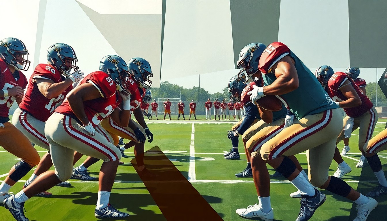 A cubist-style painting depicting the chaotic energy of a college football practice, with players' bodies and equipment broken down into sharp, overlapping geometric shapes and planes.