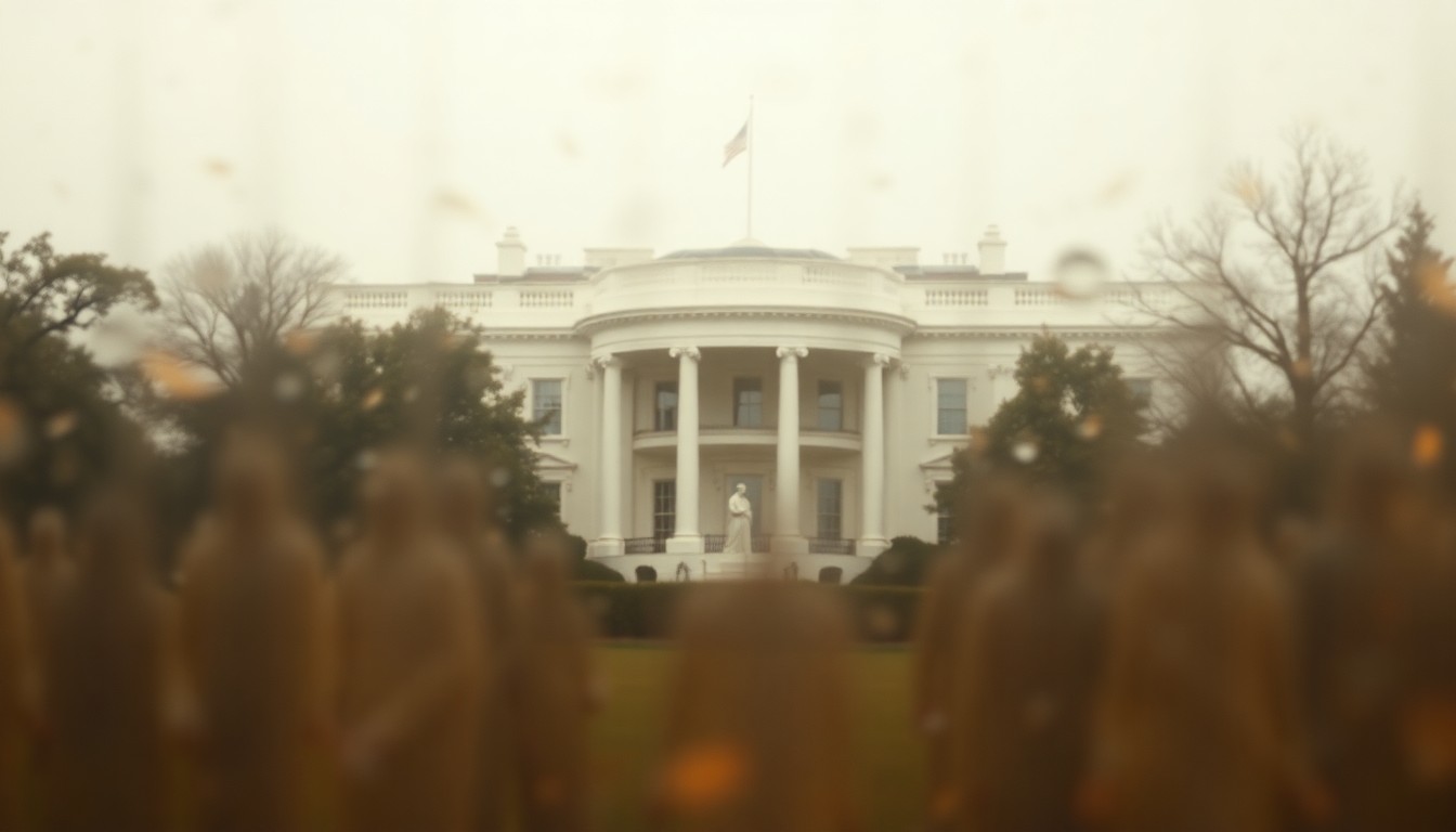 An abstract, impressionistic photograph showing the White House surrounded by faint, ghostly figures, conceptually representing the enslaved craftsmen who built the presidential residence.