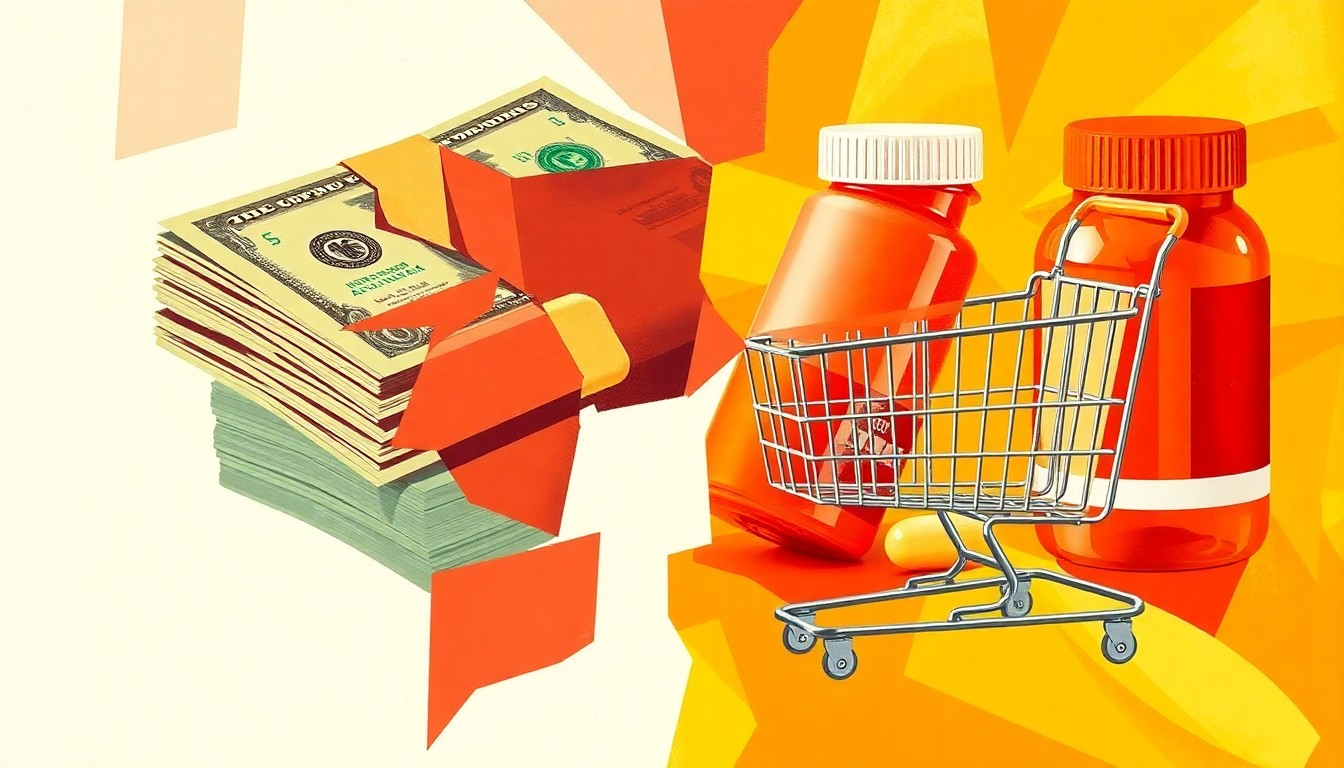 A dynamic, abstract painting featuring overlapping, geometric shapes in warm tones of red, orange, and yellow, representing the high costs of living that have sparked frustration and calls for action from Arizona community groups.