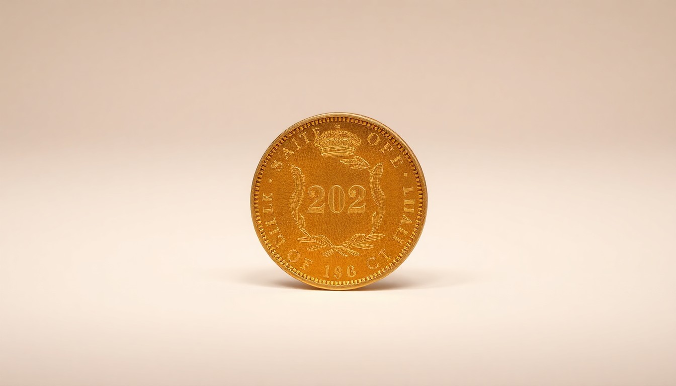 A photorealistic studio still-life image featuring a polished, golden 1882 $20 gold coin resting on a clean, monochromatic background, using dramatic lighting and shadows to highlight the prestige and value of this rare numismatic treasure.