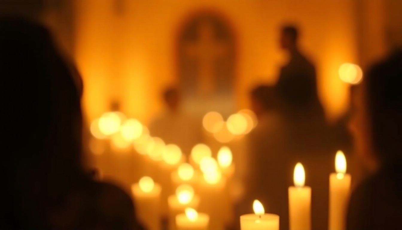 A softly blurred, atmospheric photograph in warm tones depicting the silhouettes of people gathered at a candlelit memorial service, the glow of the candles creating a hazy, emotional scene.