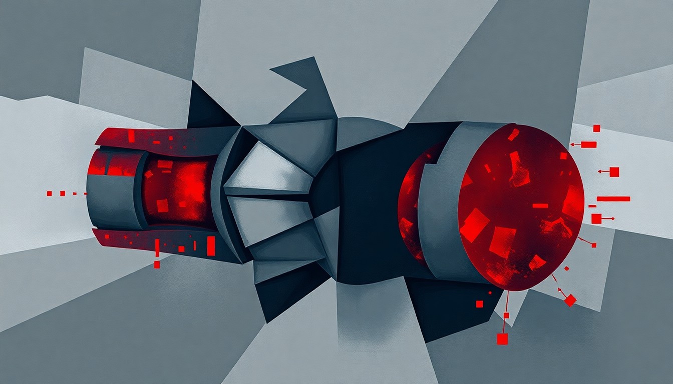 A dynamic, abstract painting composed of overlapping, fragmented geometric shapes in shades of grey, navy, and deep red, conceptually representing the unstable and fractured state of global nuclear politics.