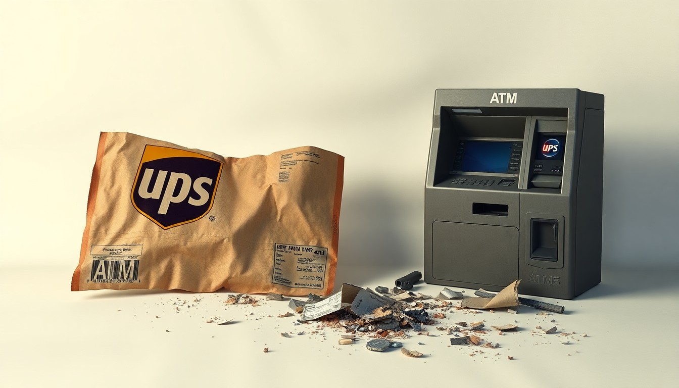 A photorealistic studio still life featuring a crumpled UPS shipping label, a broken ATM, and scattered debris, conceptually representing the aftermath of a devastating plane crash that destroyed a local business.