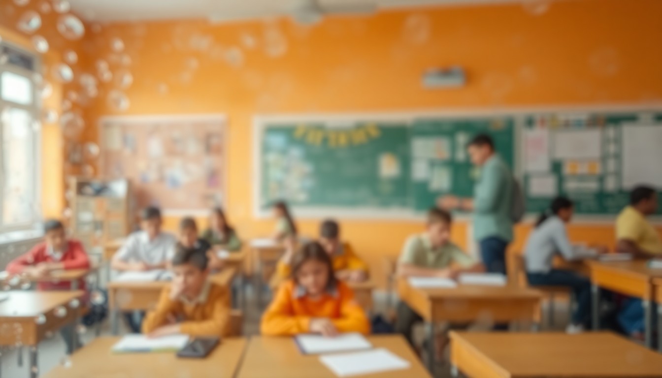 An impressionistic, out-of-focus scene of a lively classroom with blurred figures of students and teachers, conveying the energy and creativity of an innovative educational environment.