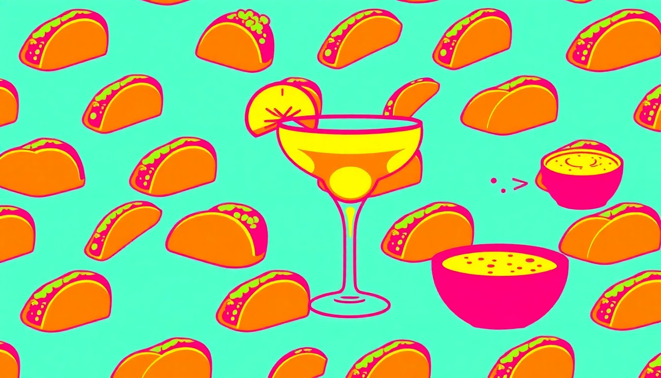 A brightly colored, high-contrast silkscreen print of a Tex-Mex food item like a taco or margarita glass, repeated in a tight grid pattern to capture the vibrant energy of Cinco de Mayo celebrations.