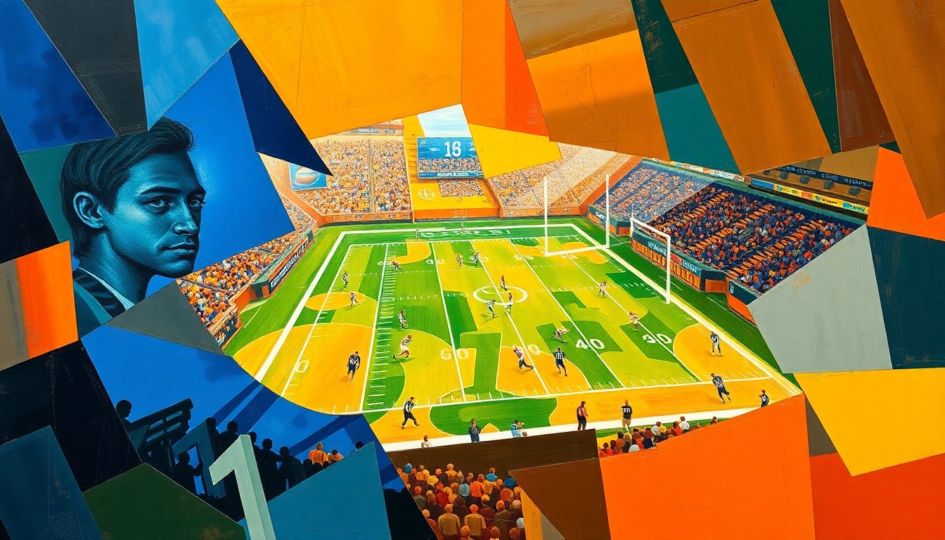 A fragmented, abstract painting featuring sharp, overlapping geometric shapes and planes in a vibrant color palette, conceptually representing the diverse skill sets and playing styles of the top wide receiver prospects in the 2026 NFL Draft class.