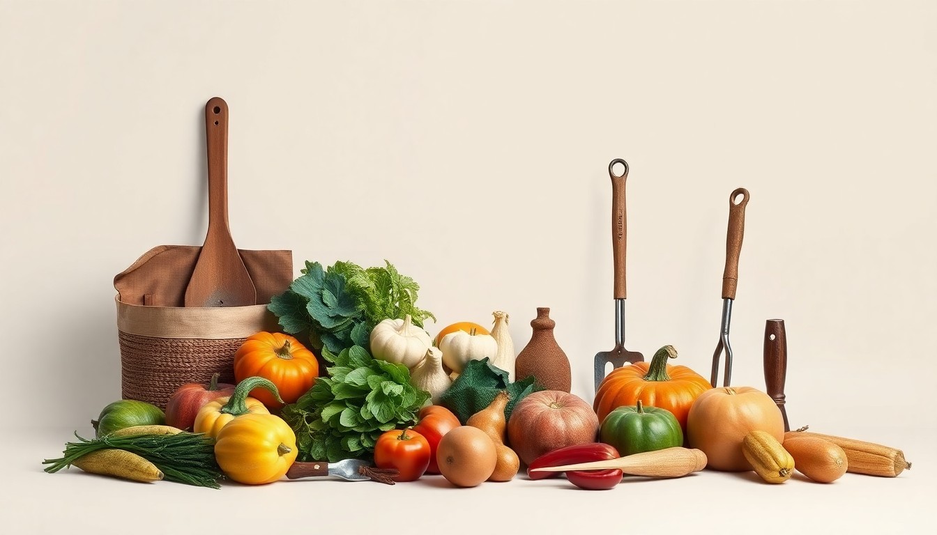 A minimalist studio still life featuring a collection of premium agricultural tools and produce items, including a pitchfork, a bundle of leafy greens, and a wooden crate, arranged elegantly on a clean, monochromatic background to symbolize the essential role of migrant farm laborers in Yuma's winter vegetable harvest.