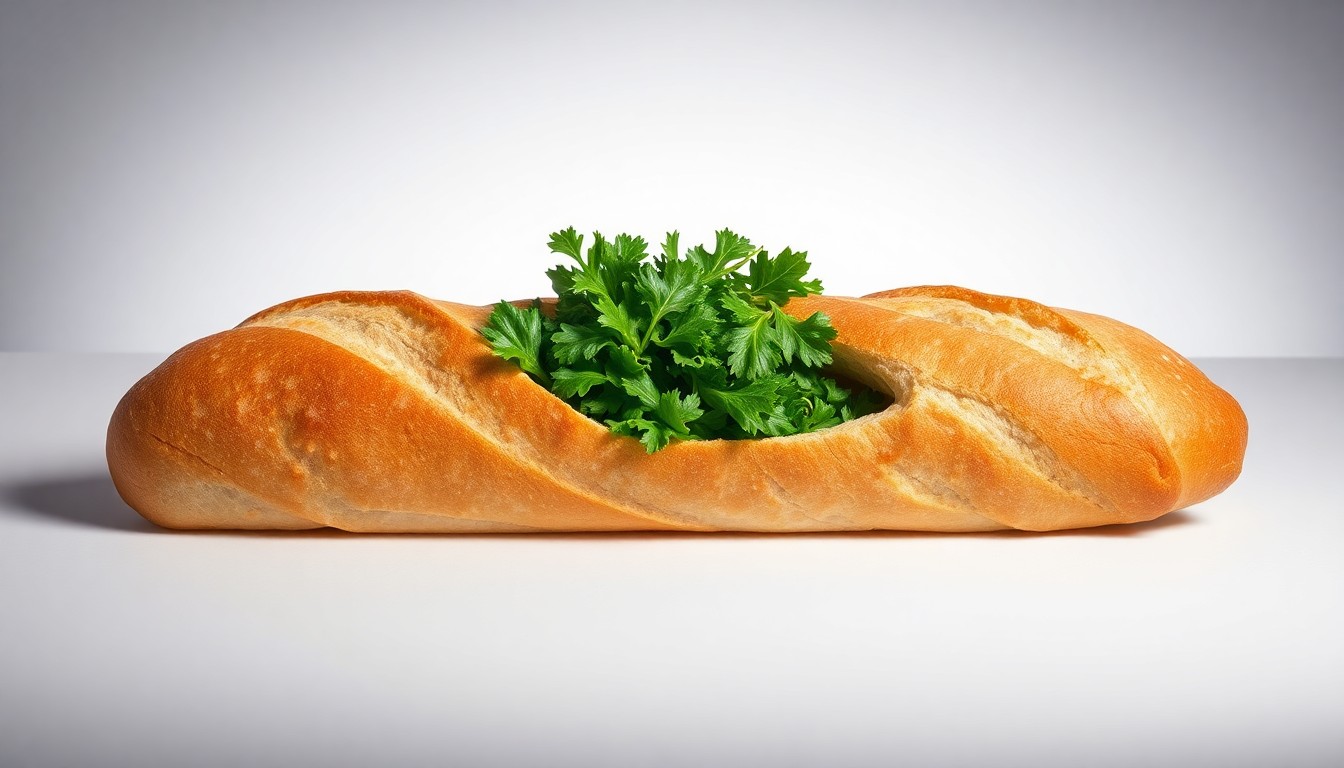 A photorealistic studio still-life image of a freshly baked artisan baguette sliced in half lengthwise, with a vibrant green salad spilling out of the hollowed-out center, arranged elegantly on a clean, white background to represent the premium quality and craftsmanship of Bread Zeppelin's signature menu item.