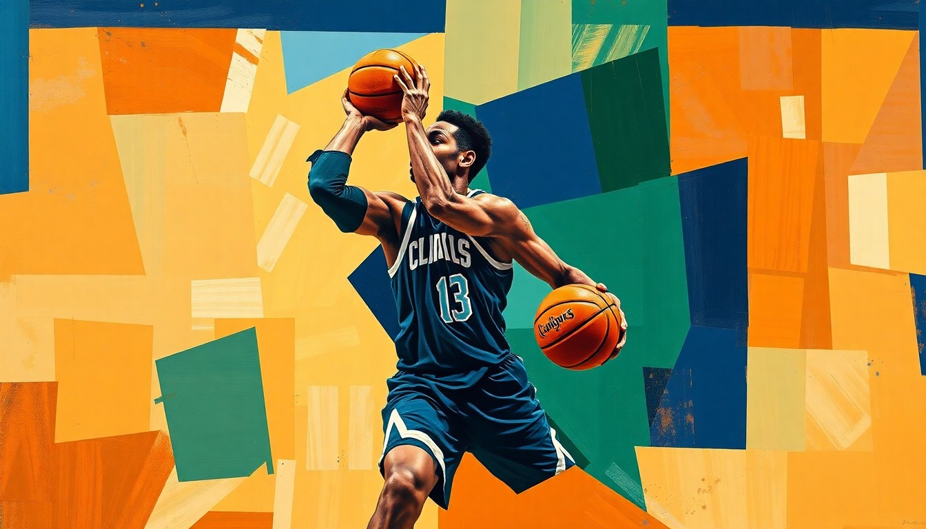 A cubist, geometric painting depicting the fractured movements and presence of a basketball player on the court, using sharp planes of navy blue, forest green, and burnt orange.