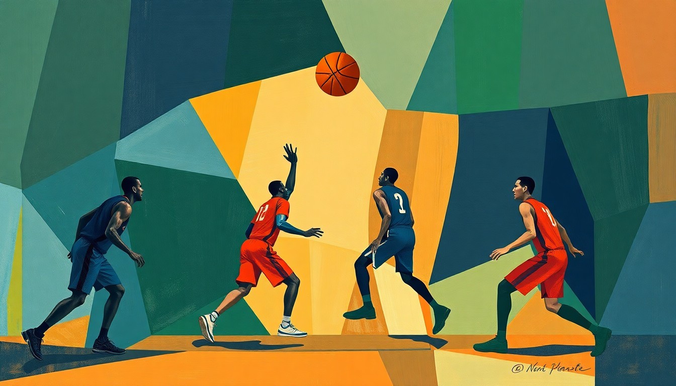 A cubist, geometric painting depicting an abstracted basketball game, with players' forms broken down into sharp, overlapping shapes in a palette of navy, green, and orange.